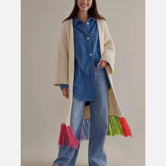 Anthropologie Long Fringe Cardigan Sweater Duster Kimono OS One Size NWT